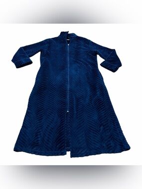 Miss Elaine Bath Robe Size Medium Plush Chevron Fleece Long, Full Zip, Blue